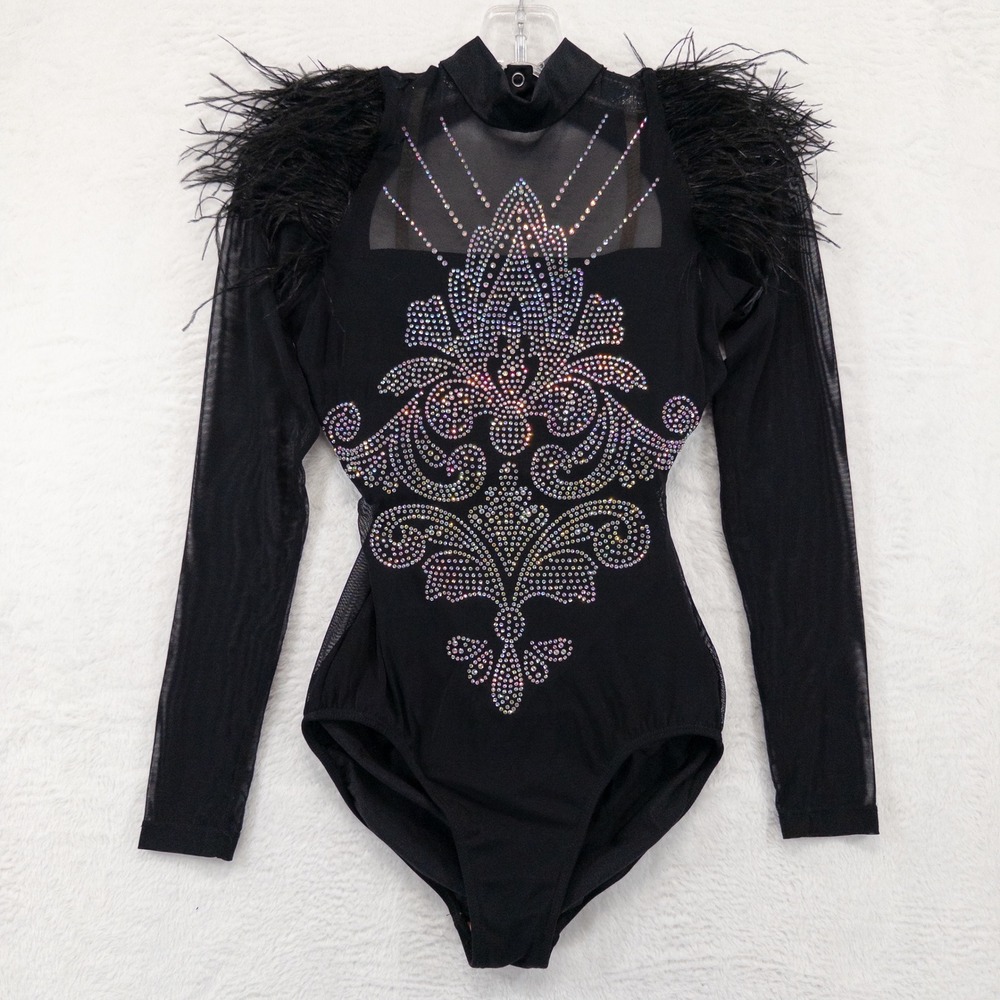 Tenth House Dance Leotard Size MA Black Rhinestone Feather Mesh Eminent TH23111